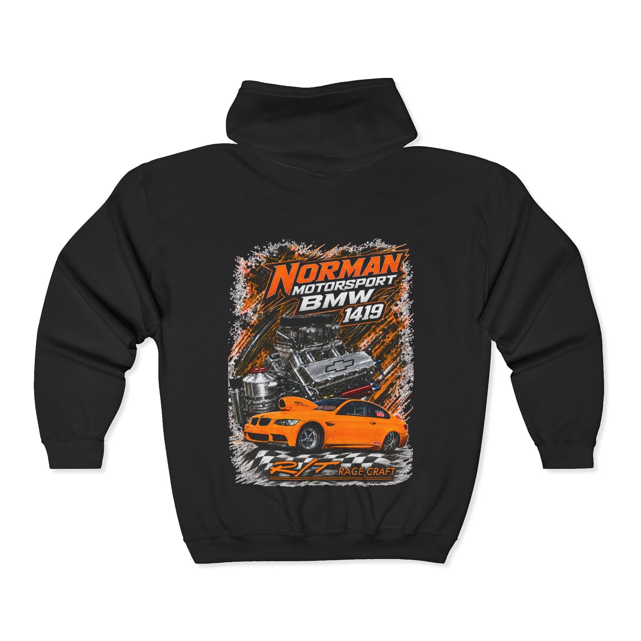 BMW Motorsport Orange M3 Zip-Up Hoodie — Norman Motorsport Racing Graphic