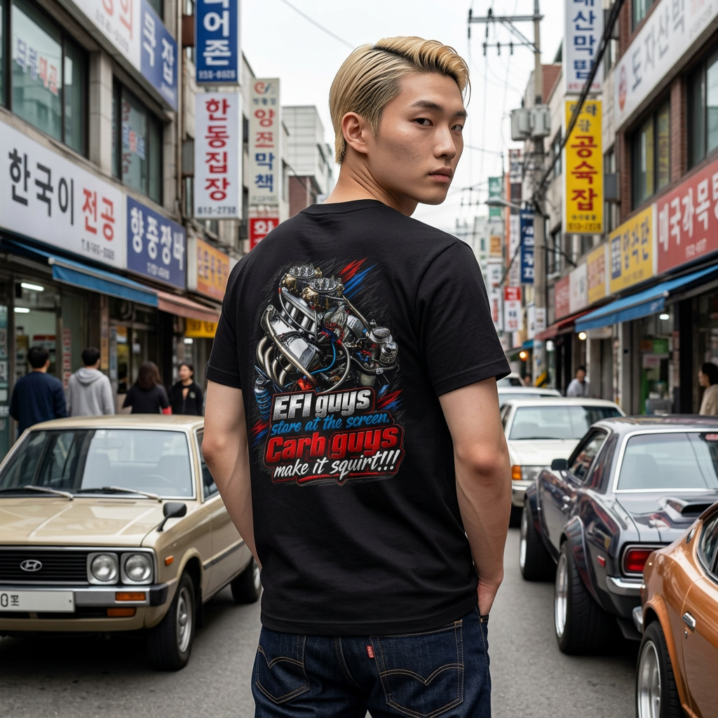 EFI guys stare at the screen. Carb guys make it squirt T-Shirt — Retro Racing Engine Graphic Tee