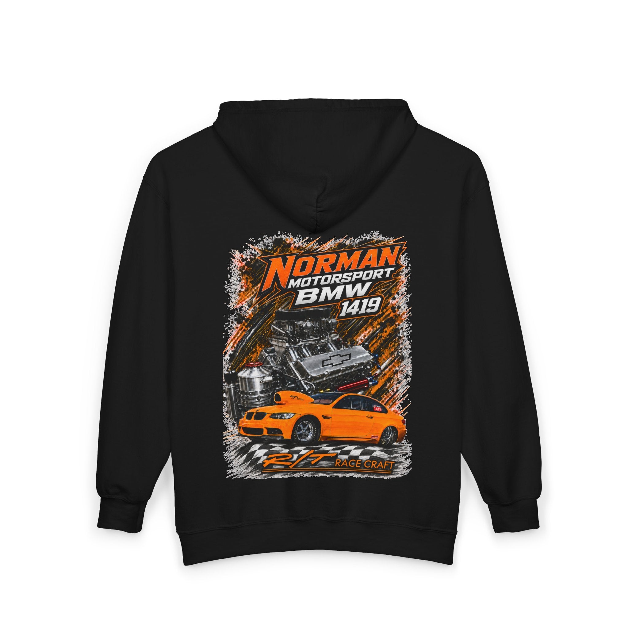 BMW Motorsport Orange M3 Zip-Up Hoodie — Norman Motorsport Racing Graphic